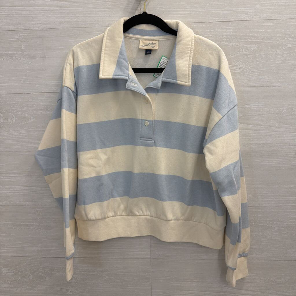 White/ Blue Striped Long Sleeve Henley Sweatshirt Large