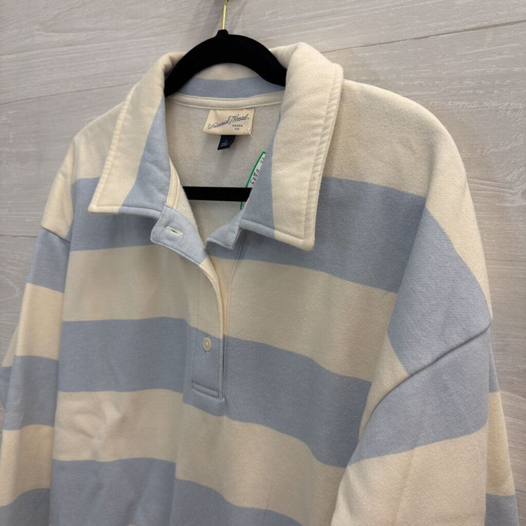 White/ Blue Striped Long Sleeve Henley Sweatshirt Large
