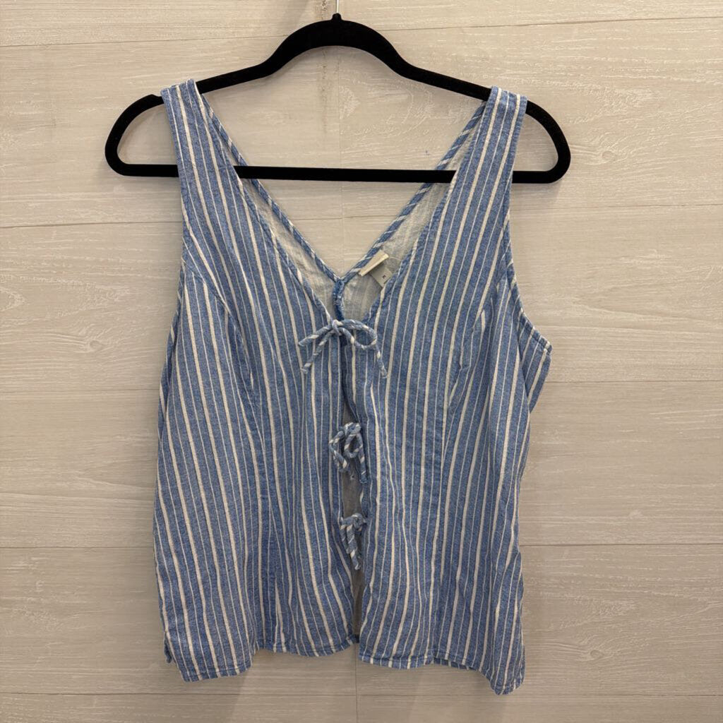 Blue/ White Striped Sleeveless Tie Front Top Medium