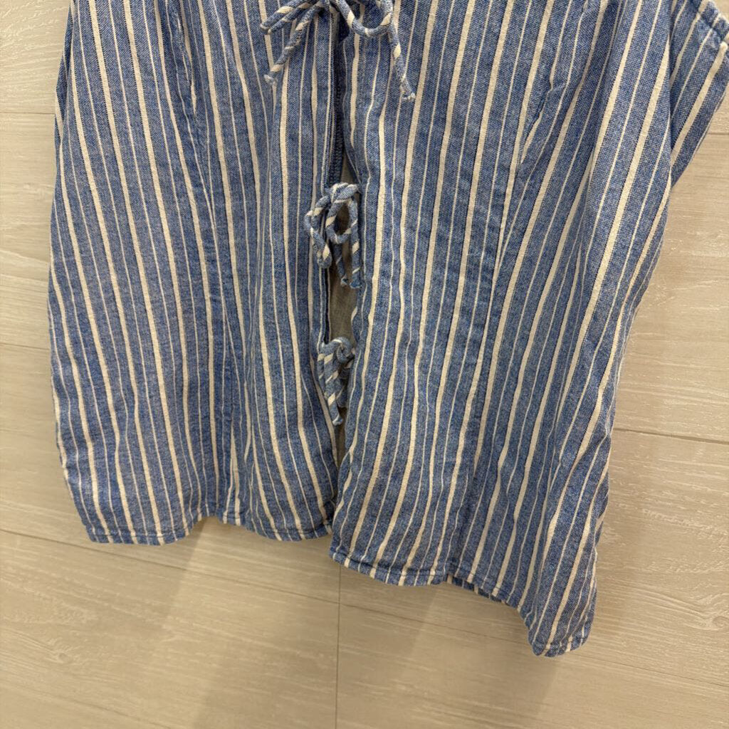 Blue/ White Striped Sleeveless Tie Front Top Medium