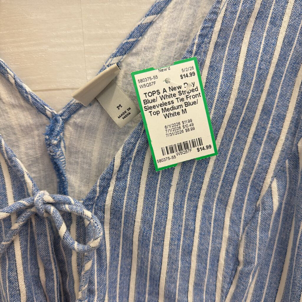 Blue/ White Striped Sleeveless Tie Front Top Medium
