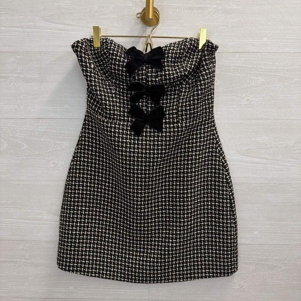 Storia Black/ White Tweed Strapless Bow Front Mini Dress Medium