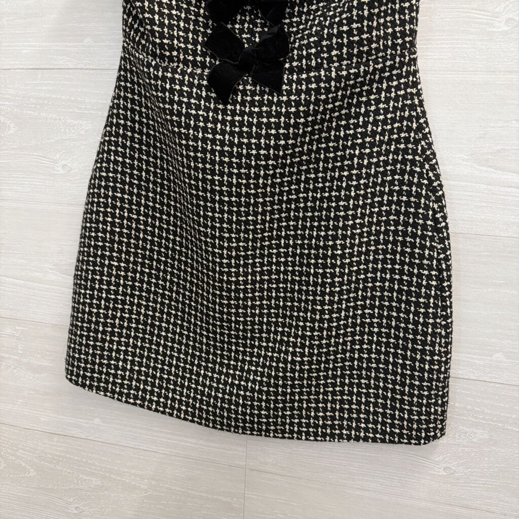 Storia Black/ White Tweed Strapless Bow Front Mini Dress Medium