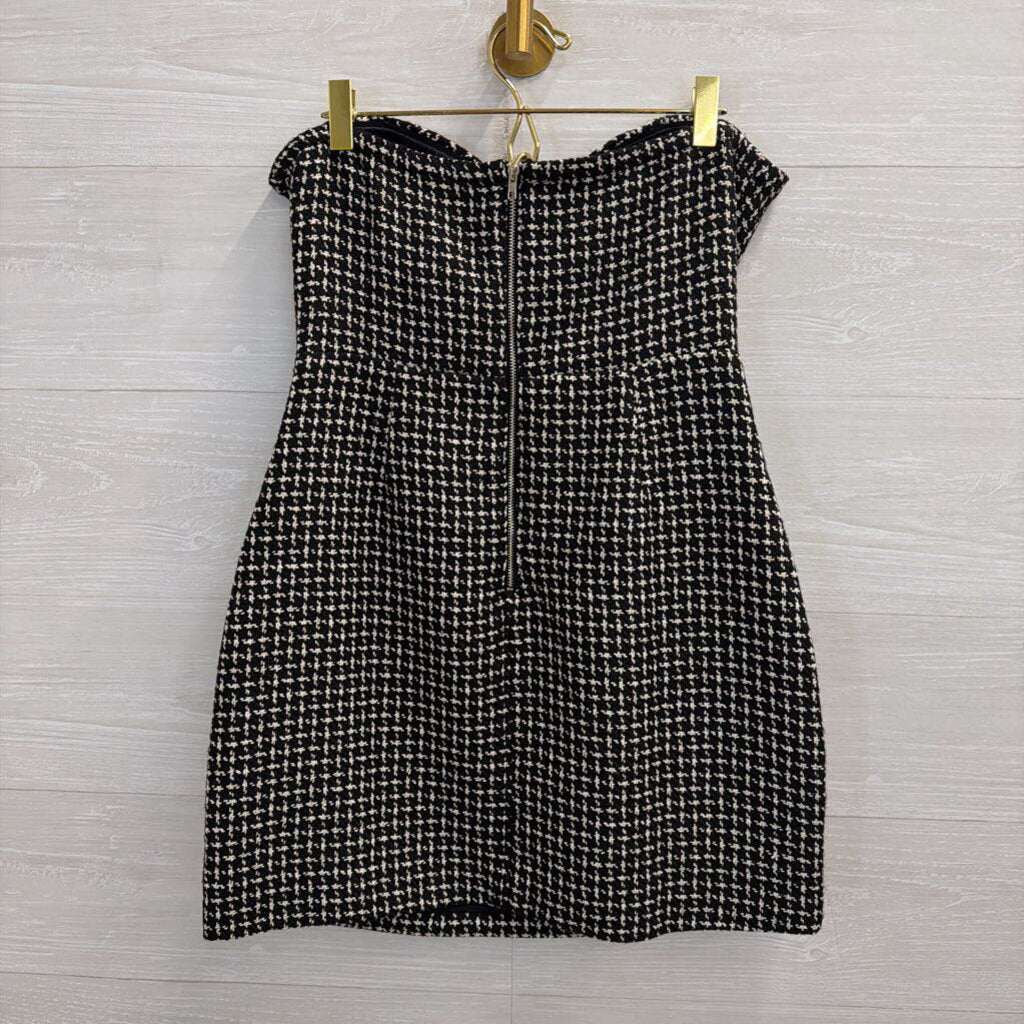 Storia Black/ White Tweed Strapless Bow Front Mini Dress Medium