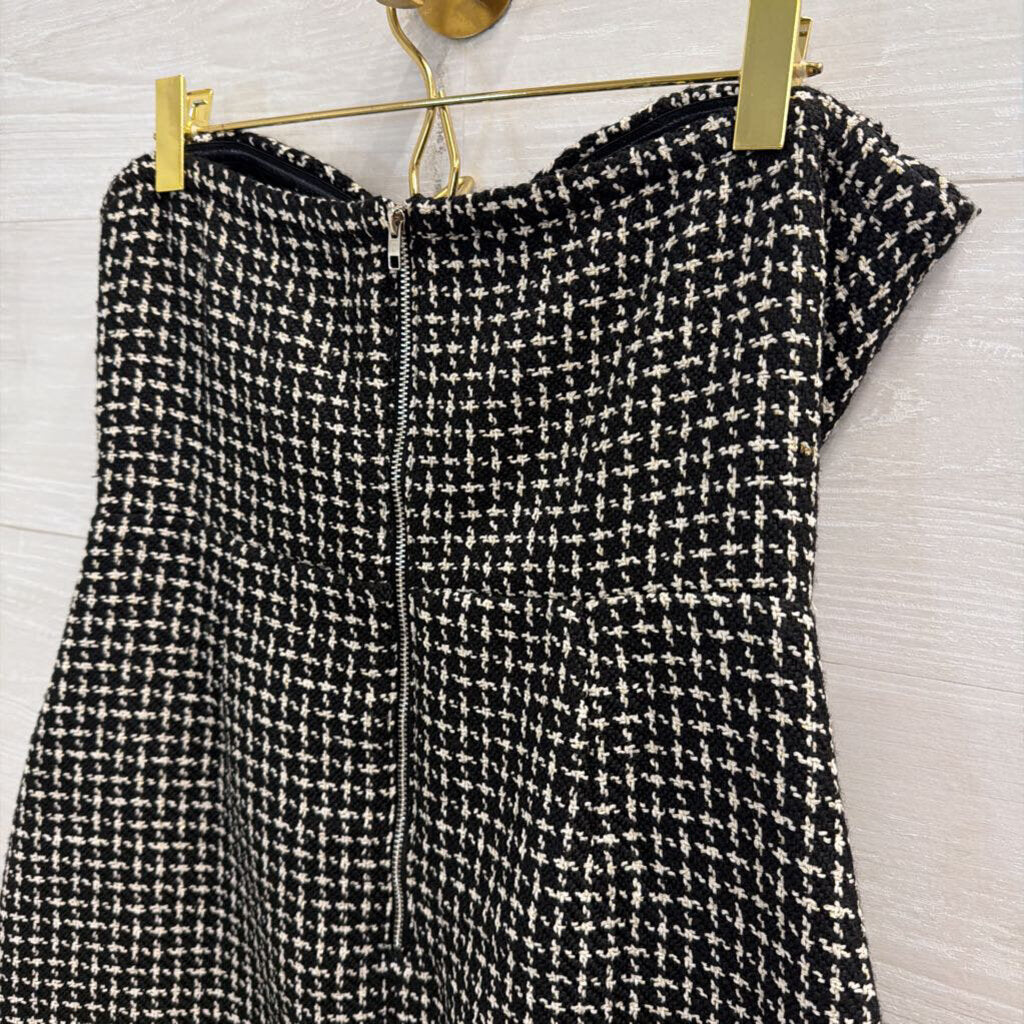 Storia Black/ White Tweed Strapless Bow Front Mini Dress Medium