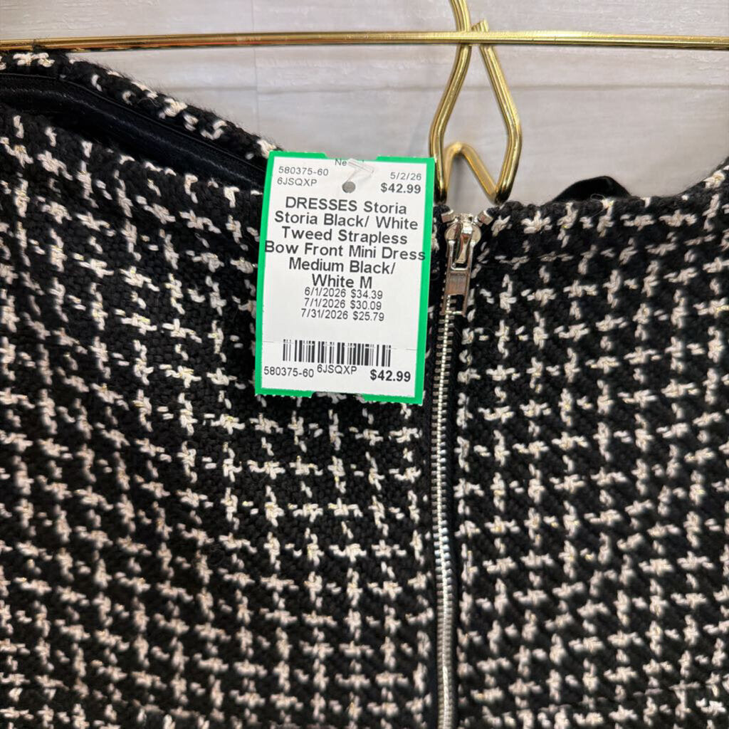 Storia Black/ White Tweed Strapless Bow Front Mini Dress Medium
