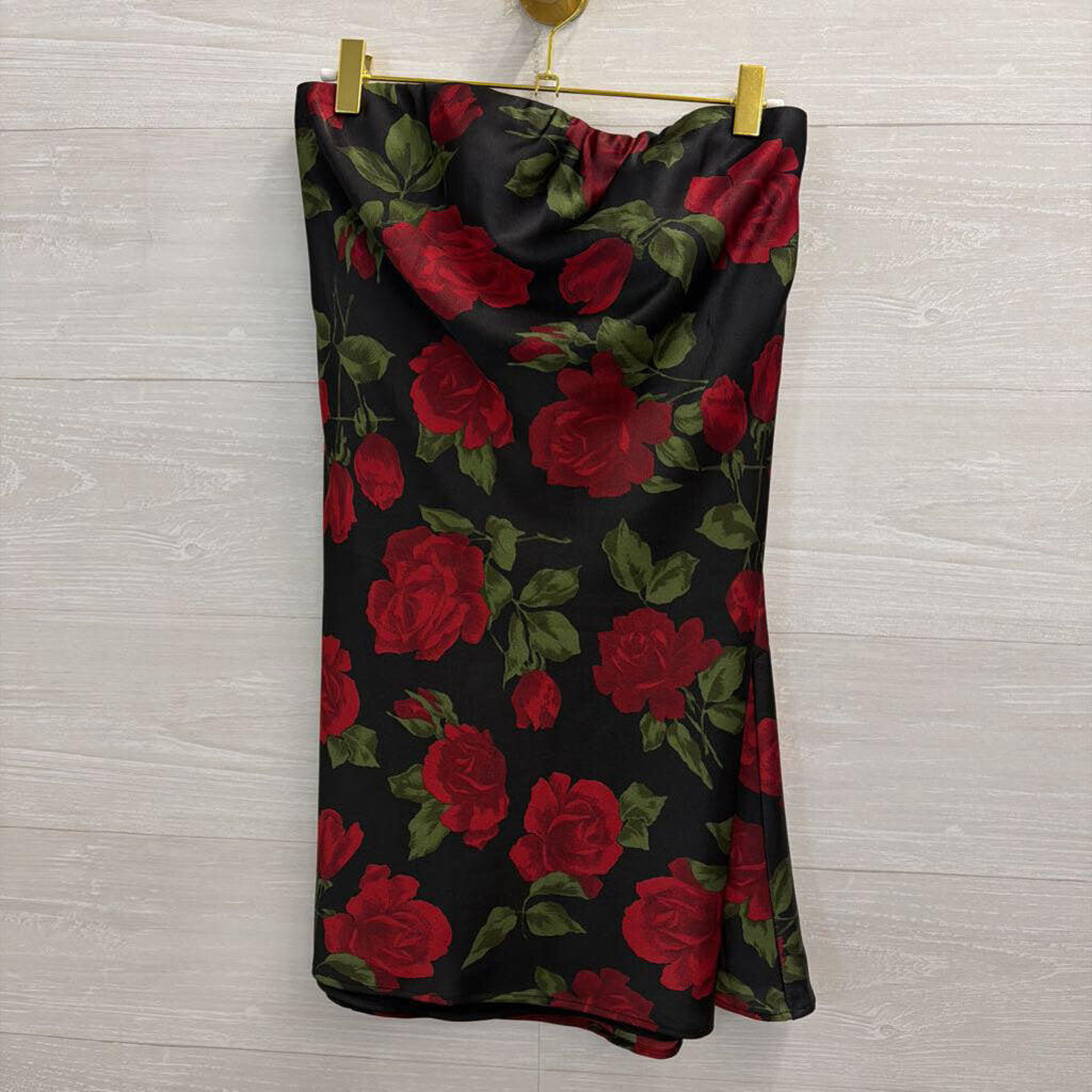 Show Me Your Mumu Black/ Red Rose Print Strapless Mini Dress Medium