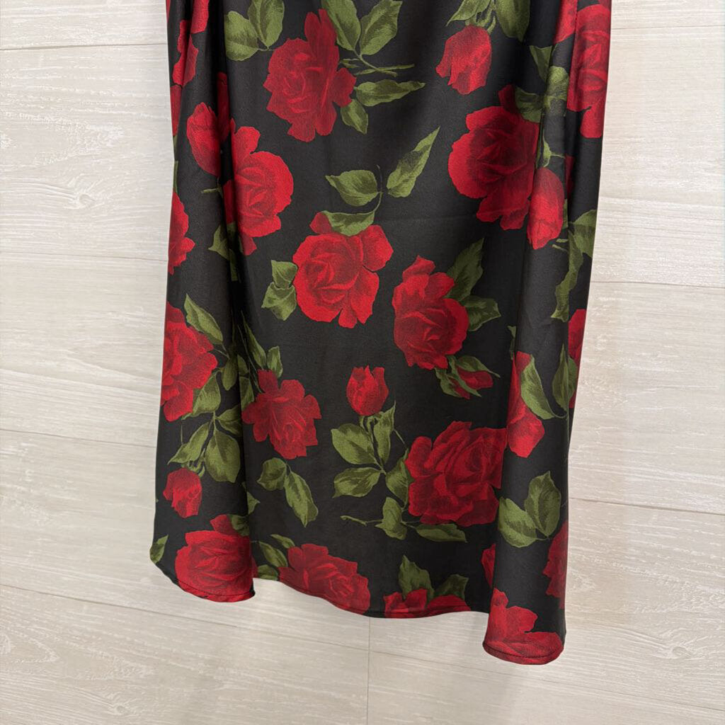 Show Me Your Mumu Black/ Red Rose Print Strapless Mini Dress Medium