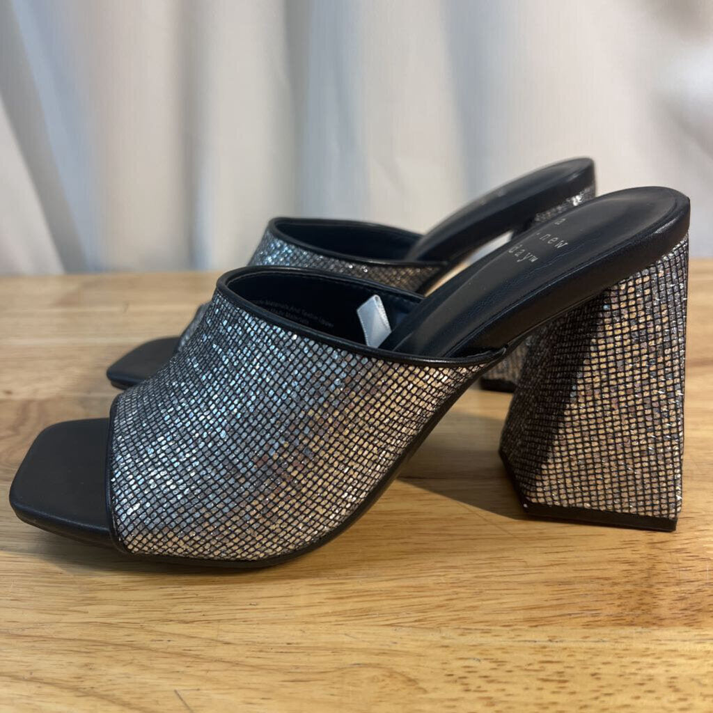 Black/ Silver Shimmer Slip On Block Heels 6.5