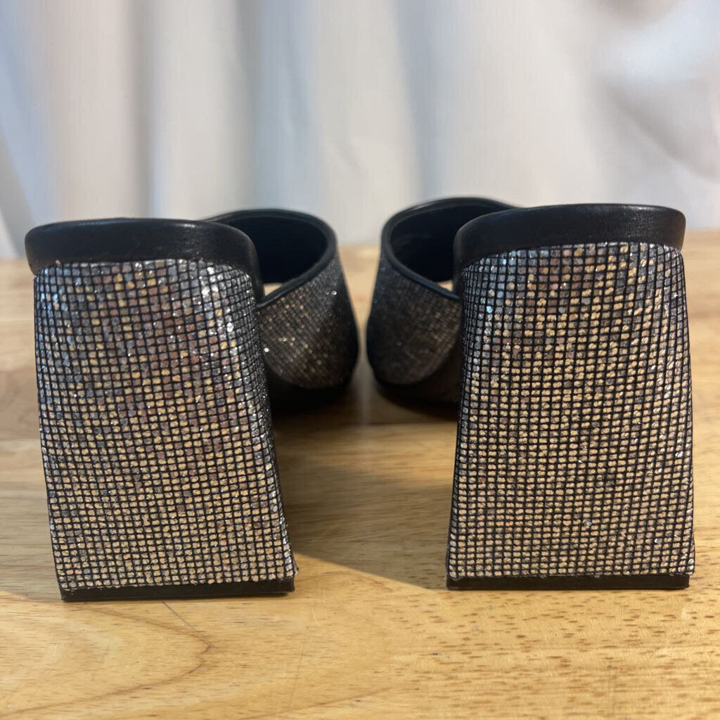 Black/ Silver Shimmer Slip On Block Heels 6.5