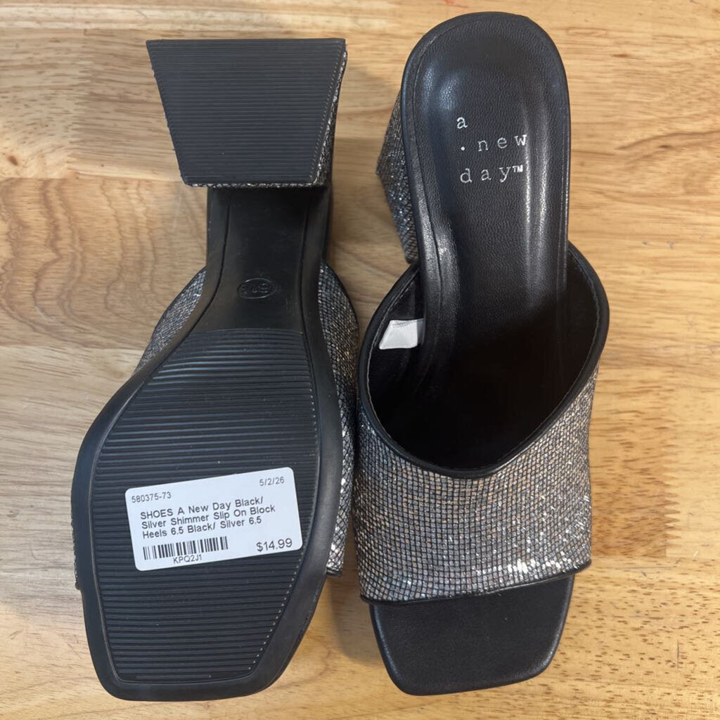 Black/ Silver Shimmer Slip On Block Heels 6.5