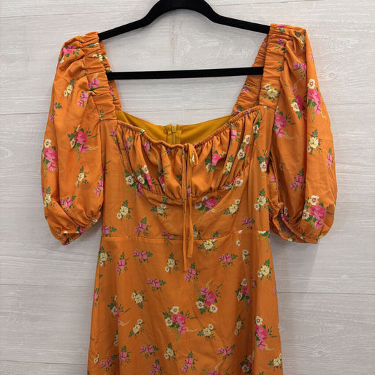 Sevenday Orange Floral Print Short Puff Sleeve Midi Dress Medium