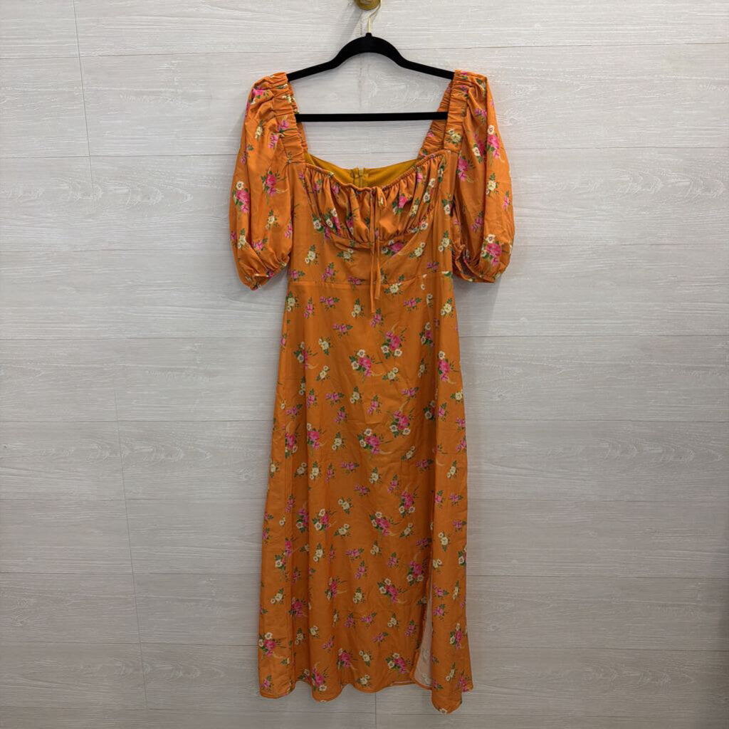 Sevenday Orange Floral Print Short Puff Sleeve Midi Dress Medium