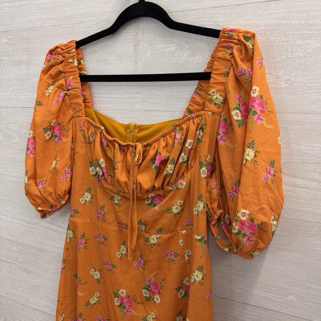 Sevenday Orange Floral Print Short Puff Sleeve Midi Dress Medium