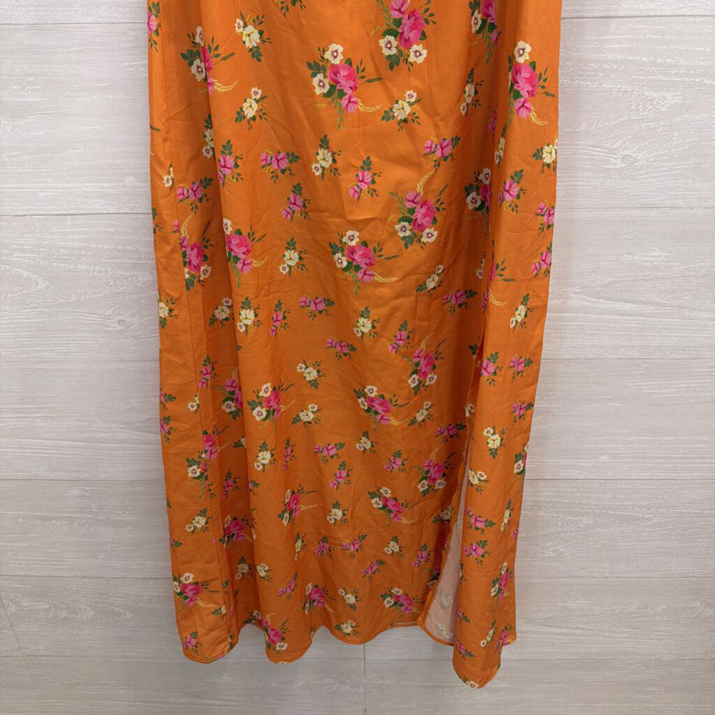 Sevenday Orange Floral Print Short Puff Sleeve Midi Dress Medium