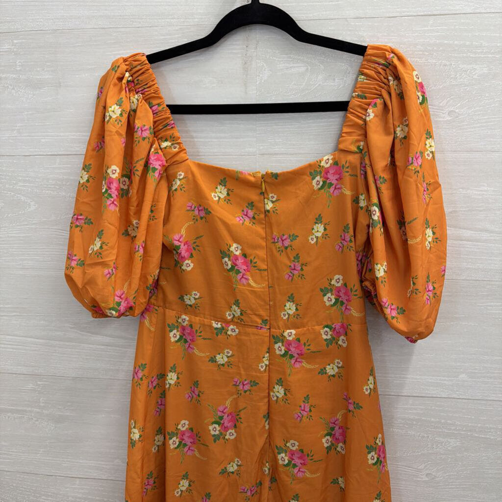 Sevenday Orange Floral Print Short Puff Sleeve Midi Dress Medium
