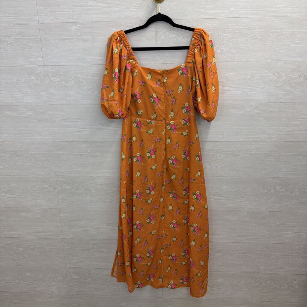 Sevenday Orange Floral Print Short Puff Sleeve Midi Dress Medium