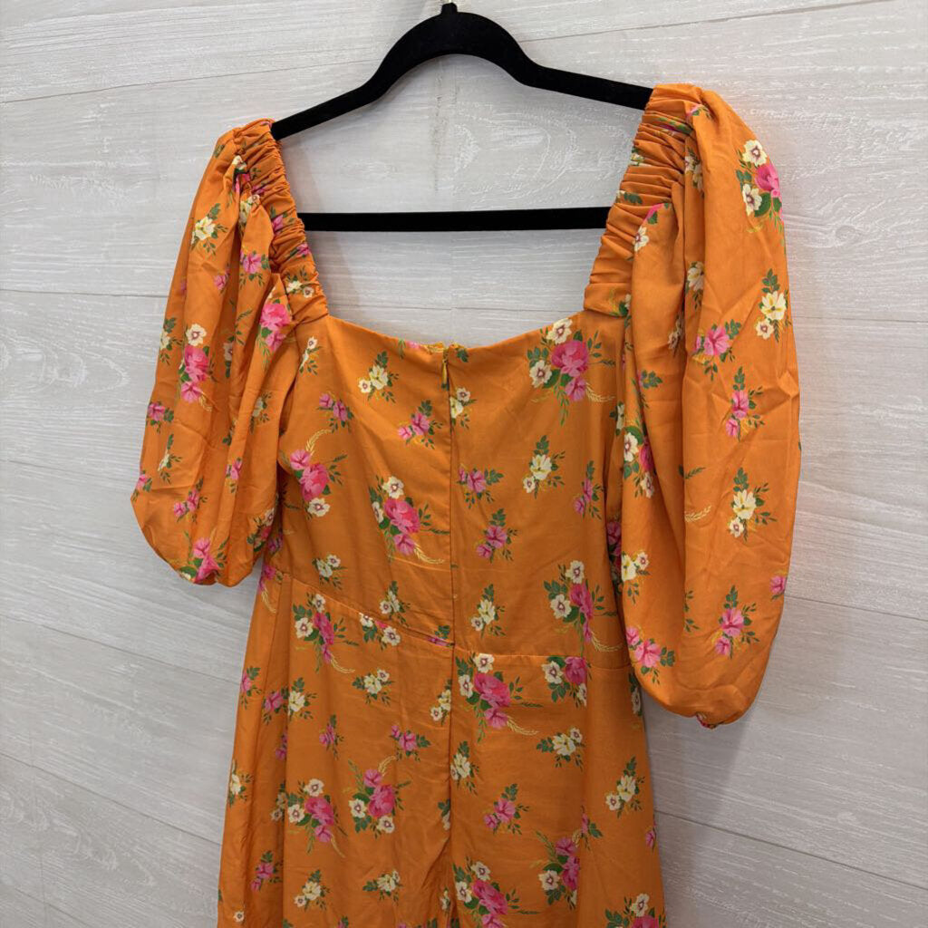 Sevenday Orange Floral Print Short Puff Sleeve Midi Dress Medium