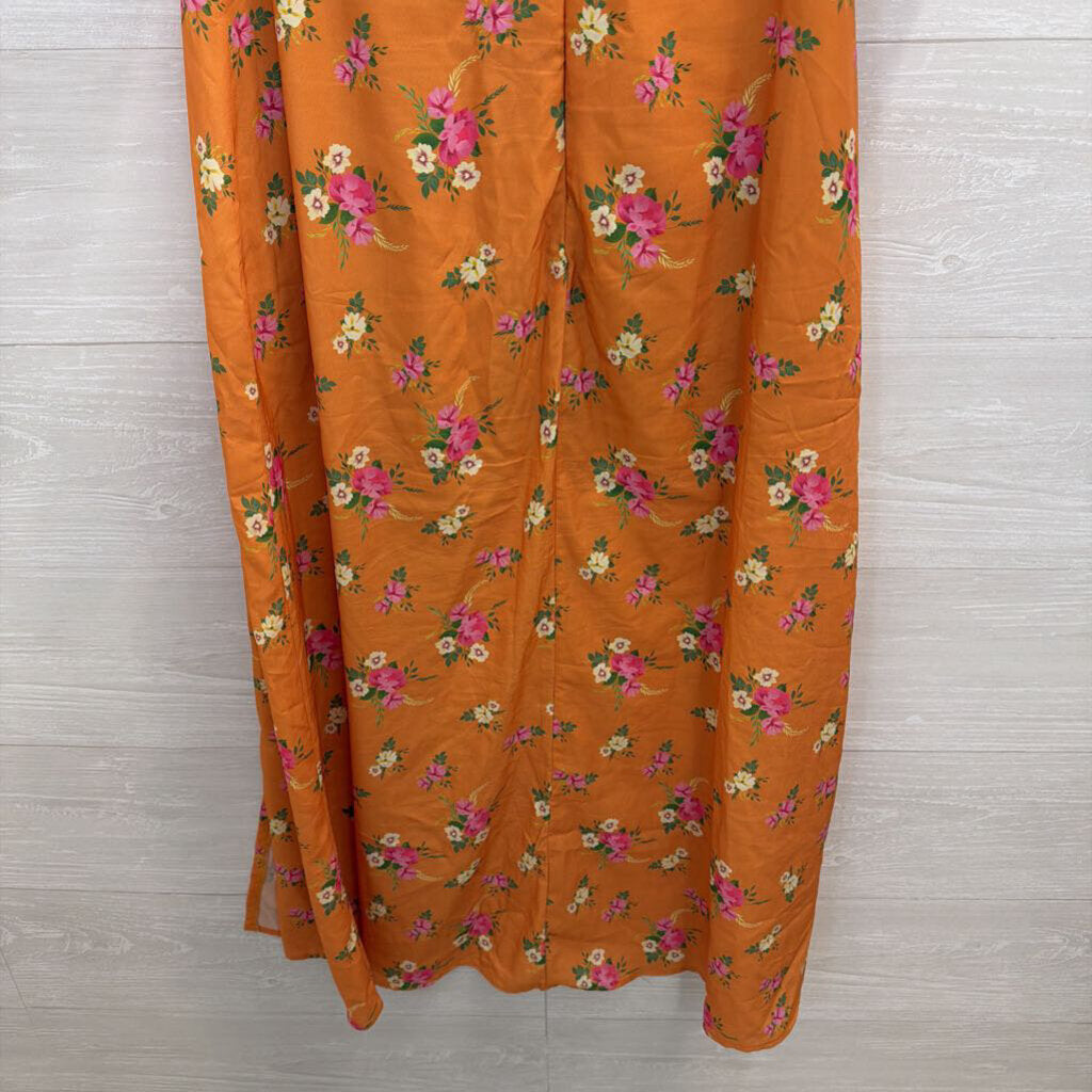 Sevenday Orange Floral Print Short Puff Sleeve Midi Dress Medium