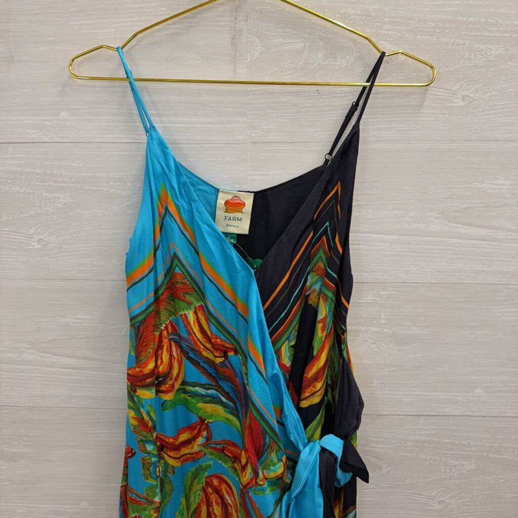 Farm Rio Blue Silky Print Wrap Dress Small