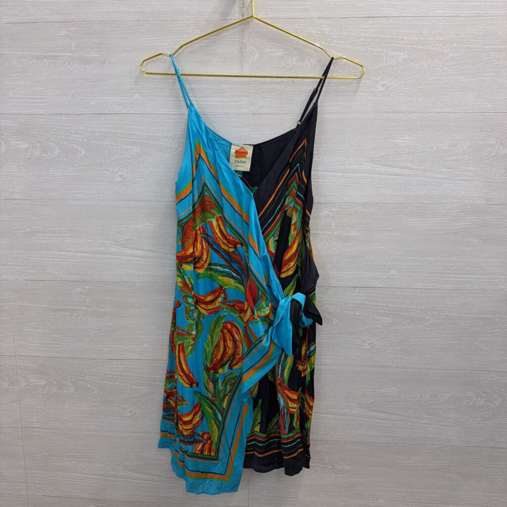 Farm Rio Blue Silky Print Wrap Dress Small