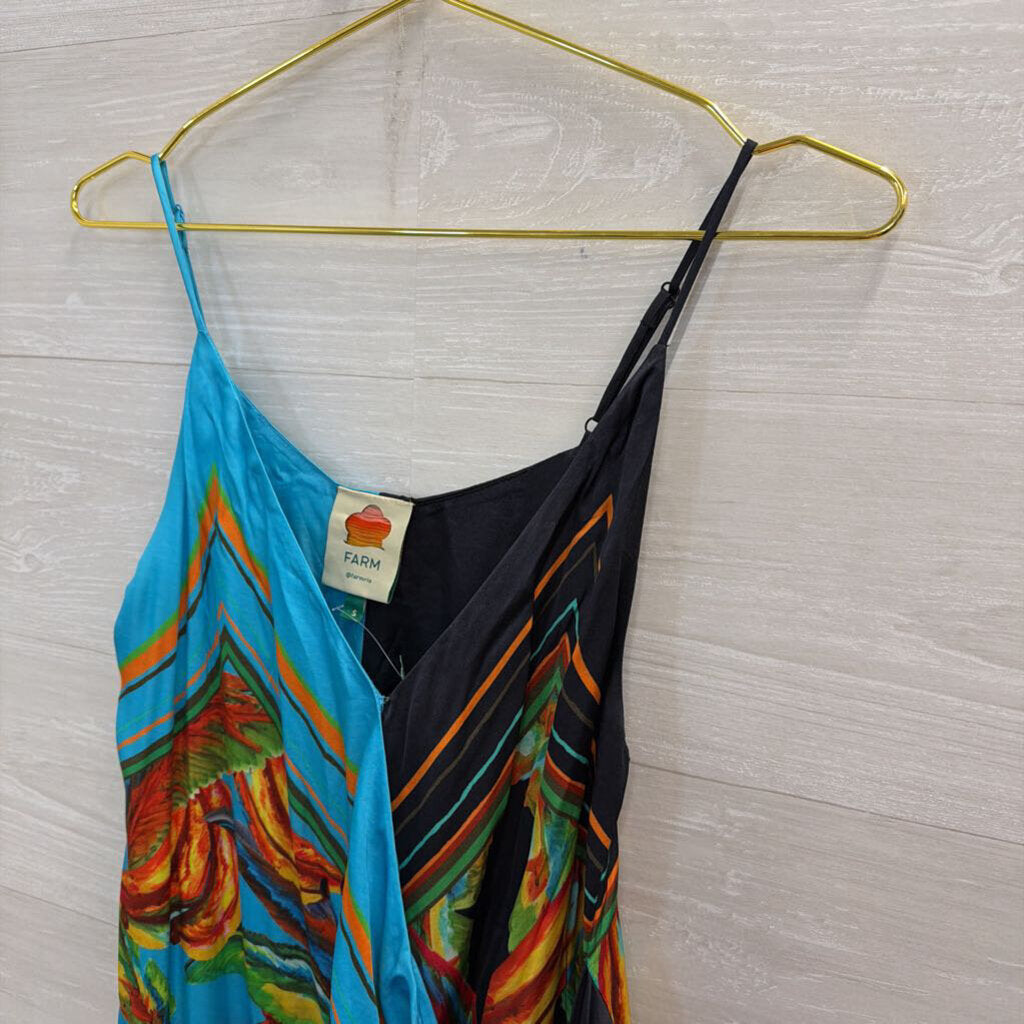 Farm Rio Blue Silky Print Wrap Dress Small