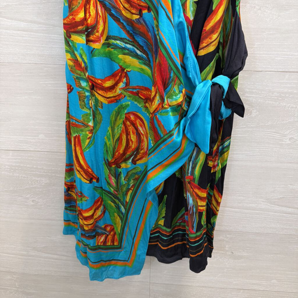 Farm Rio Blue Silky Print Wrap Dress Small