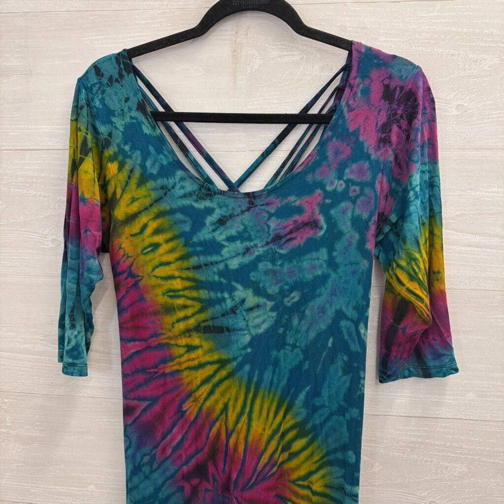 Blue/ Multi Tie Dye Short Sleeve Maxi Dress Small