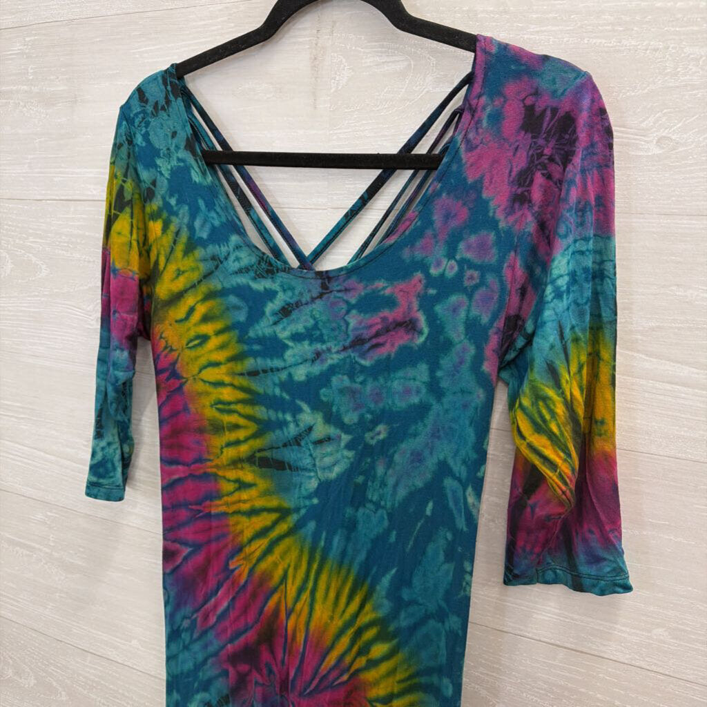 Blue/ Multi Tie Dye Short Sleeve Maxi Dress Small