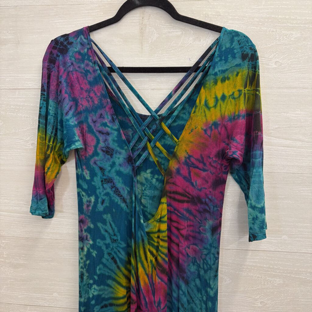Blue/ Multi Tie Dye Short Sleeve Maxi Dress Small