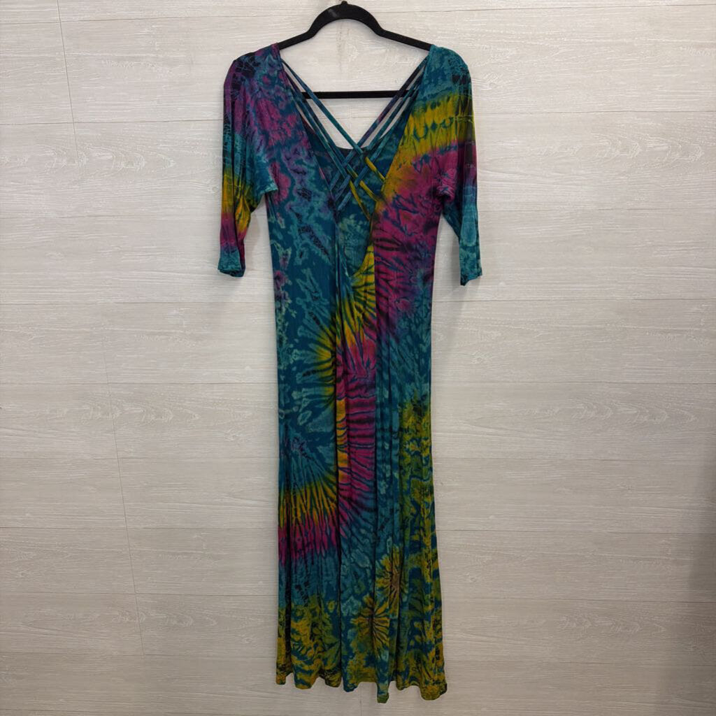 Blue/ Multi Tie Dye Short Sleeve Maxi Dress Small