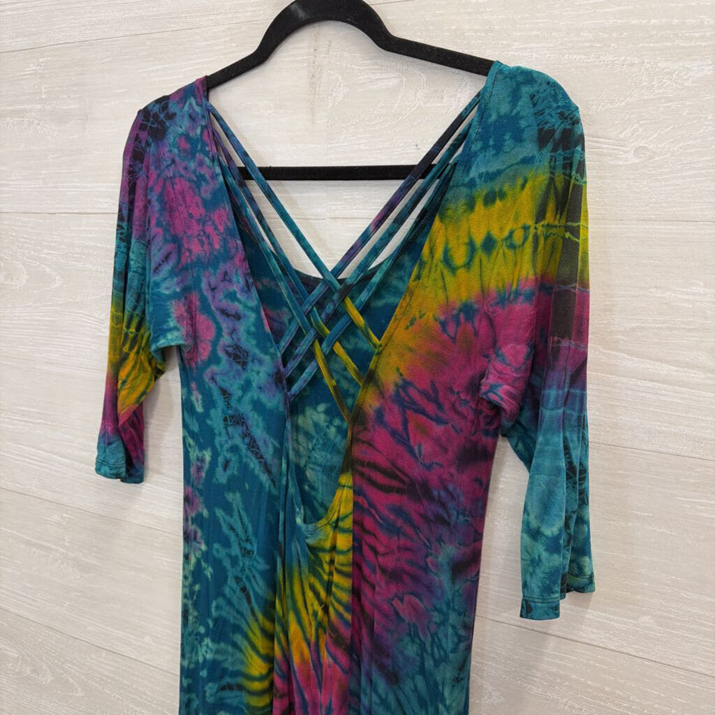 Blue/ Multi Tie Dye Short Sleeve Maxi Dress Small