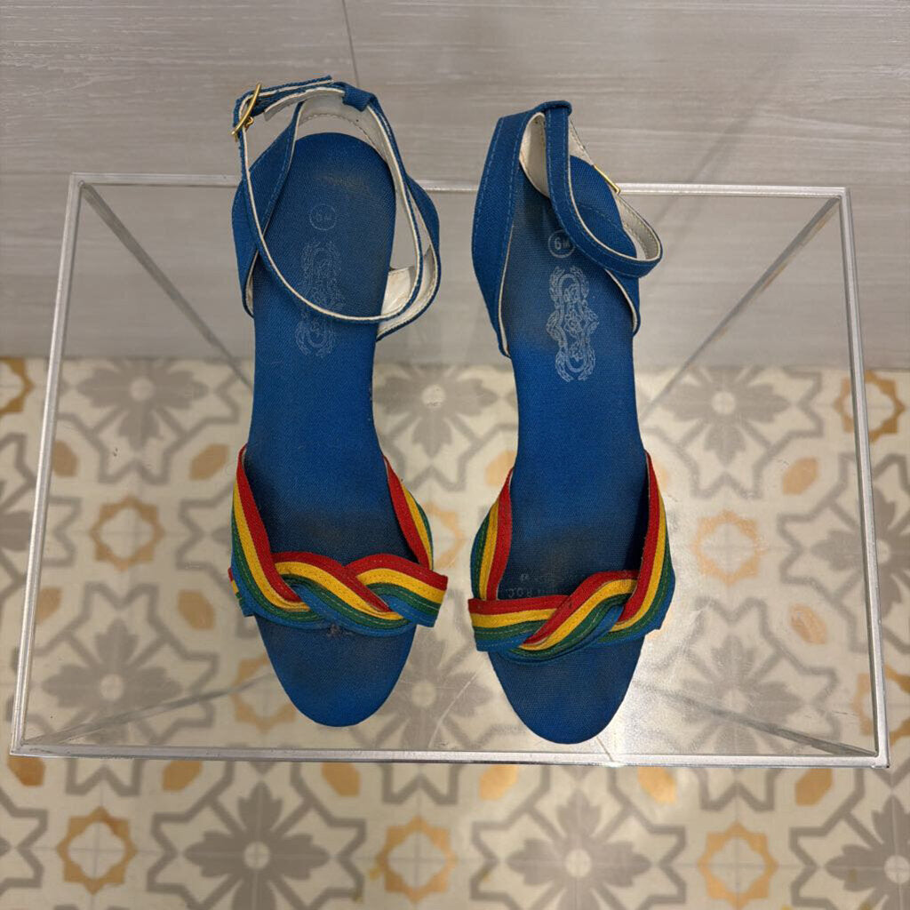 Vintage Blue Rainbow Strap Heels 6