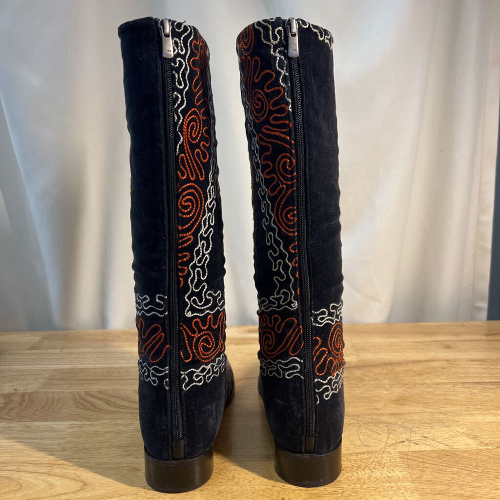 Home Art Gallery Black Velvet Multi Color Boho Embroidered Tall Boots 37