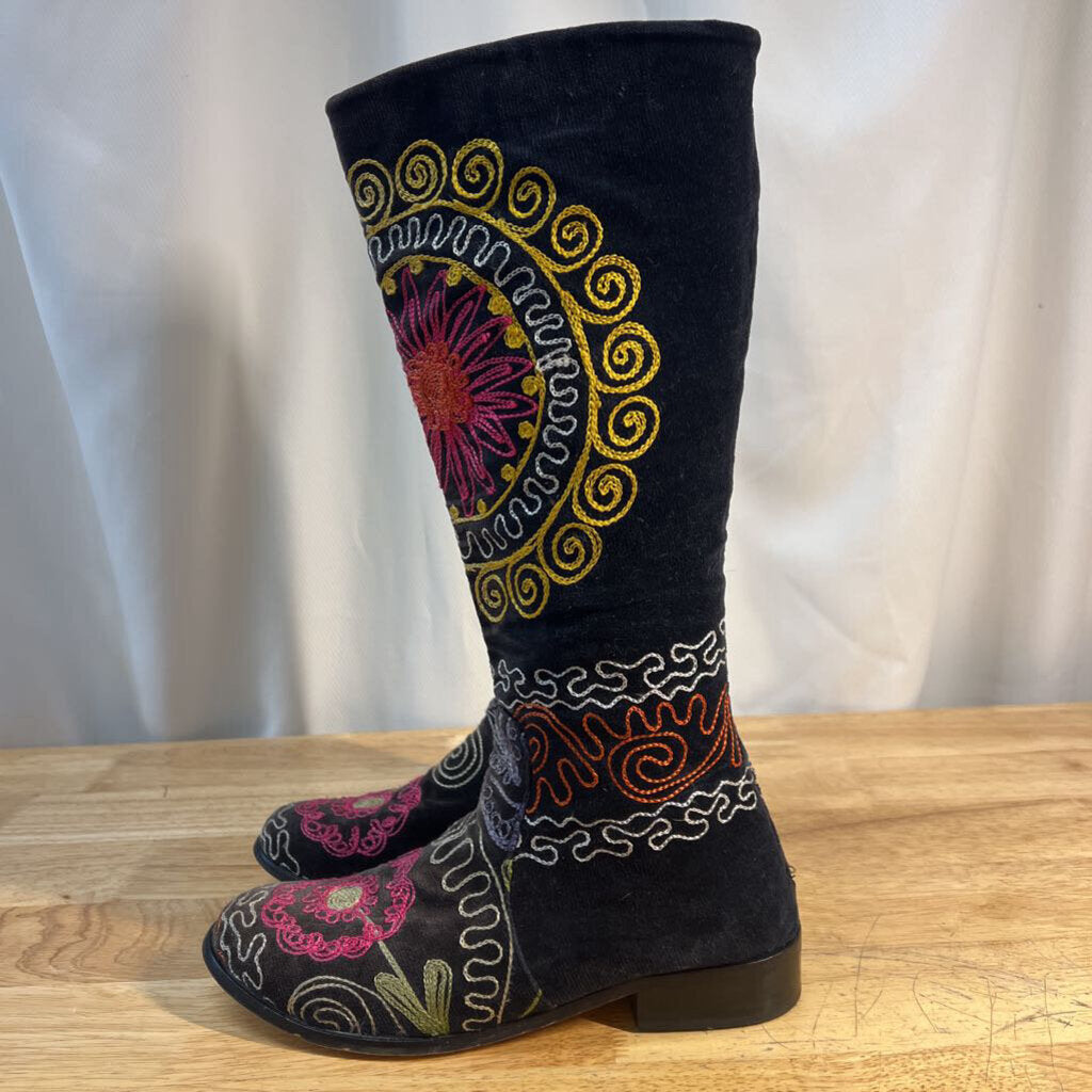 Home Art Gallery Black Velvet Multi Color Boho Embroidered Tall Boots 37