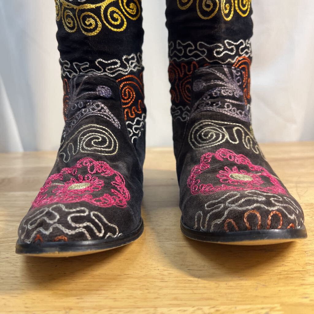 Home Art Gallery Black Velvet Multi Color Boho Embroidered Tall Boots 37