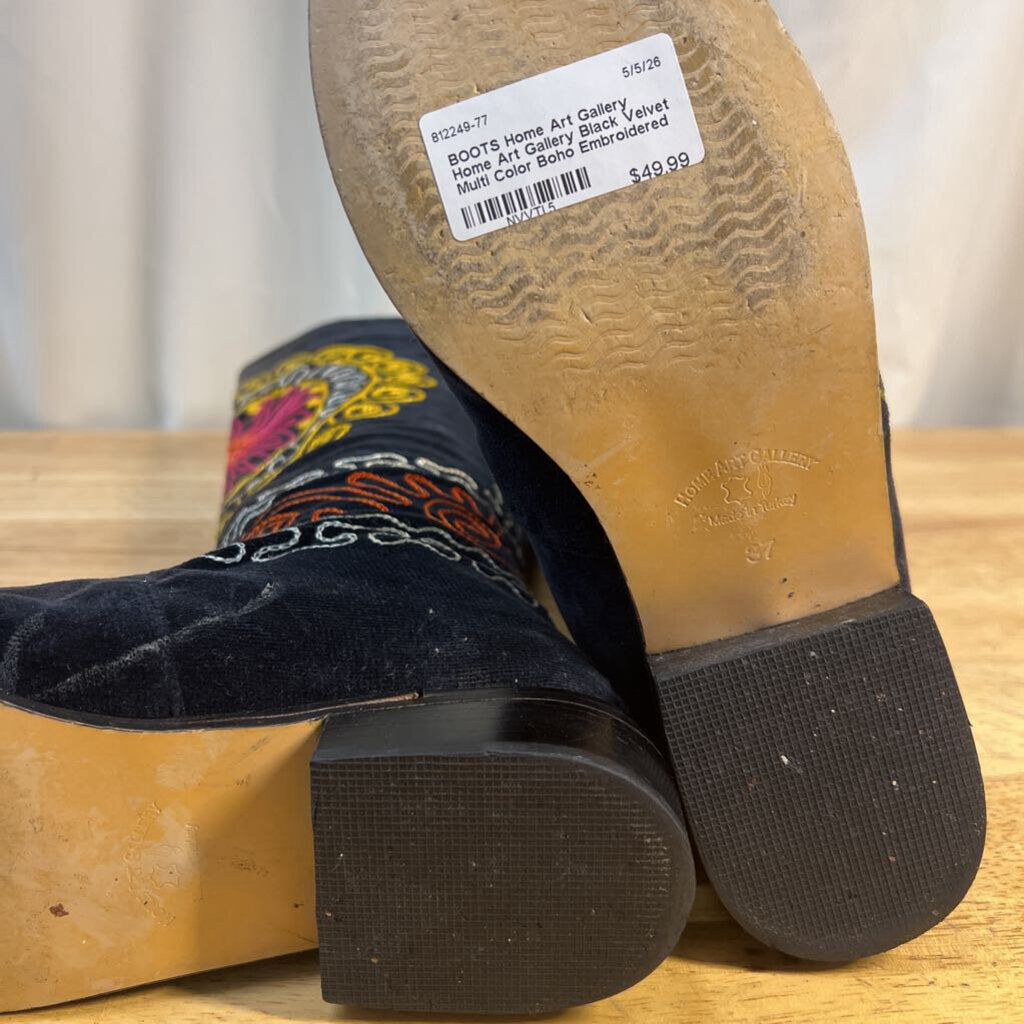 Home Art Gallery Black Velvet Multi Color Boho Embroidered Tall Boots 37