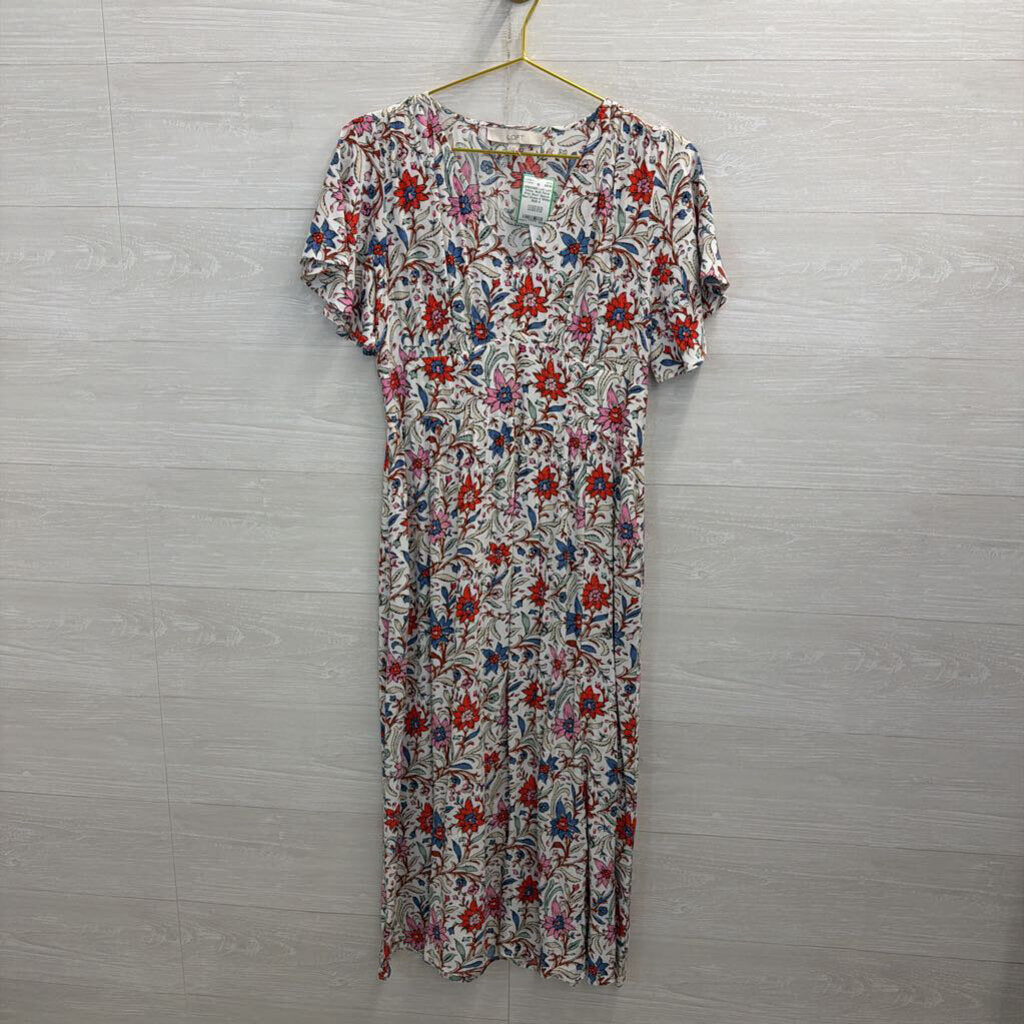 Loft White/ Multi Floral Print Short Sleeve Maxi Dress 4