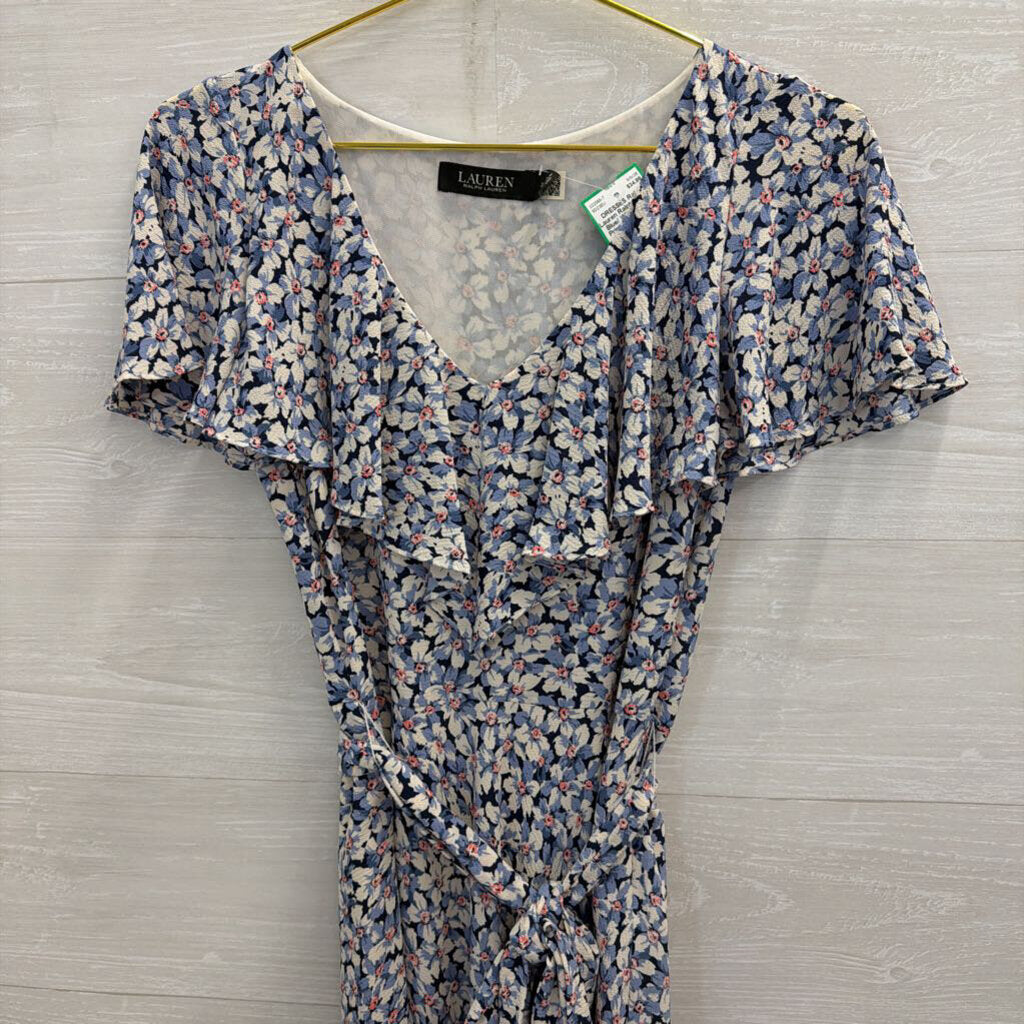 Ralph Lauren Blue/ White Floral Print Short Sleeve Tie Waist Maxi Dress 2