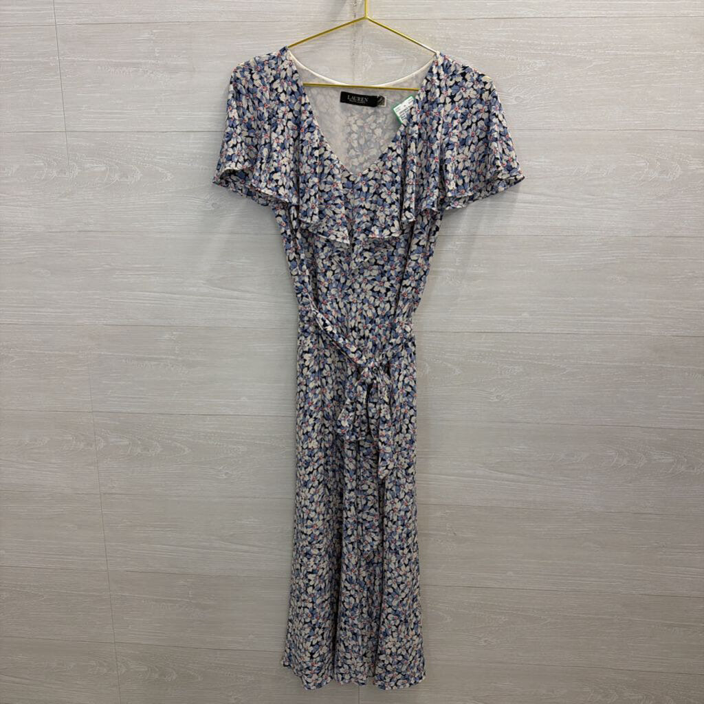Ralph Lauren Blue/ White Floral Print Short Sleeve Tie Waist Maxi Dress 2