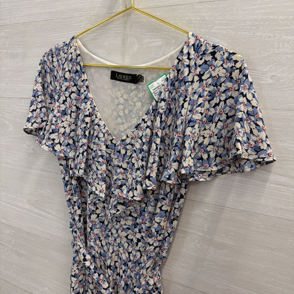Ralph Lauren Blue/ White Floral Print Short Sleeve Tie Waist Maxi Dress 2