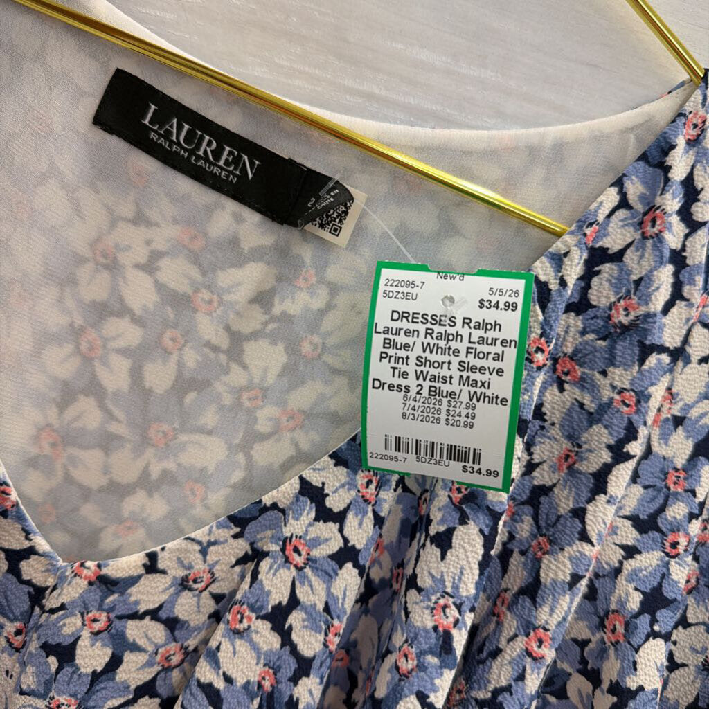 Ralph Lauren Blue/ White Floral Print Short Sleeve Tie Waist Maxi Dress 2