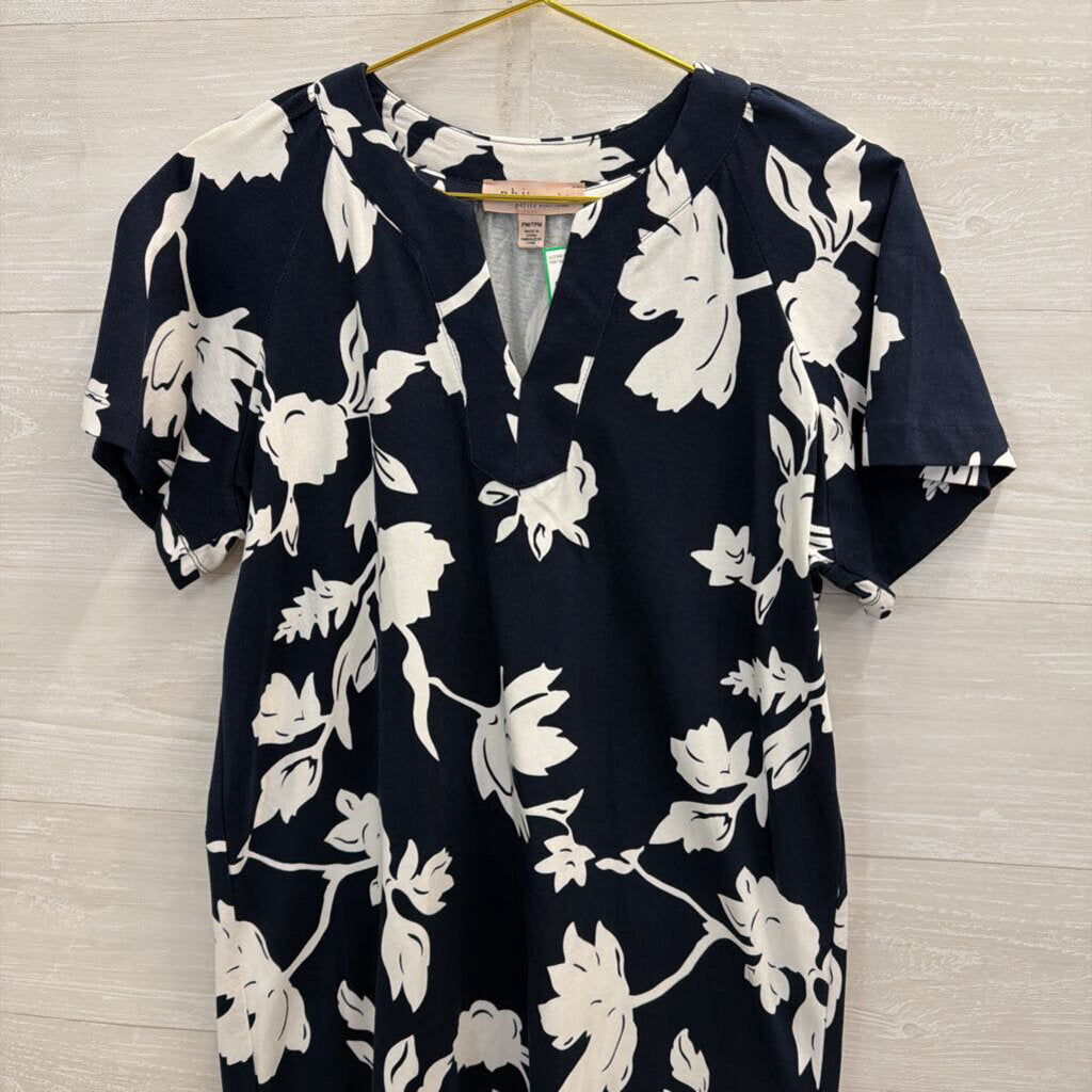 Philosophy Navy/ White Print Short Sleeve Shift Dress Medium Petite