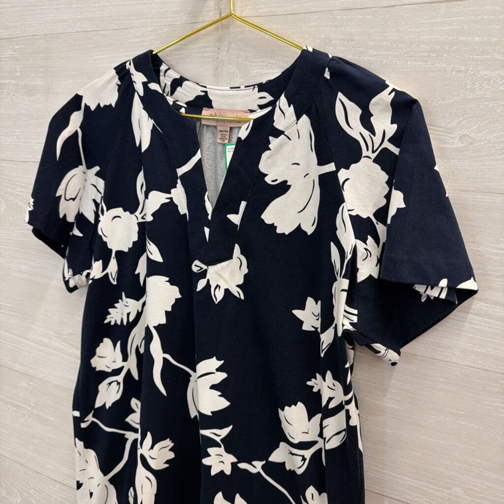 Philosophy Navy/ White Print Short Sleeve Shift Dress Medium Petite