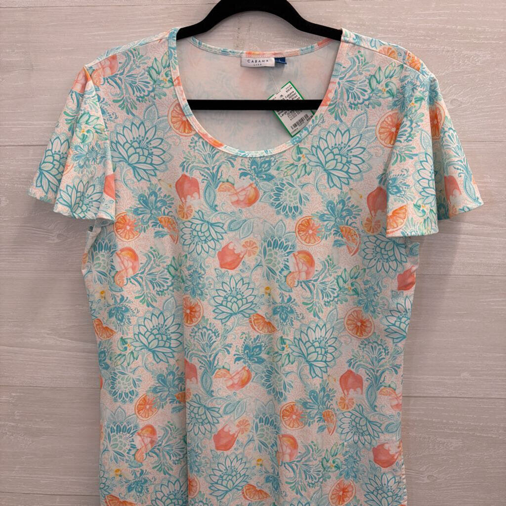 Cabana White/ Blue/ Orange Print Short Sleeve Dress Large