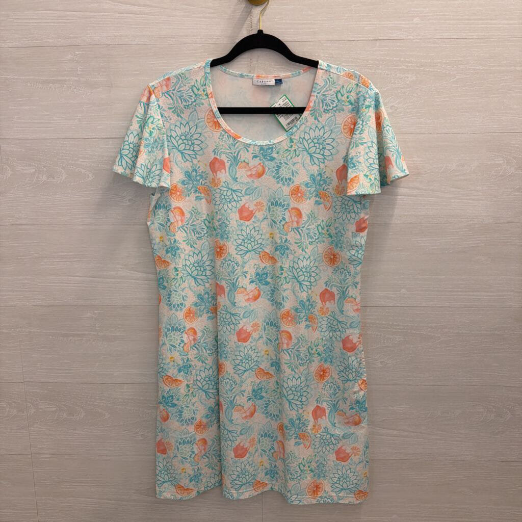 Cabana White/ Blue/ Orange Print Short Sleeve Dress Large