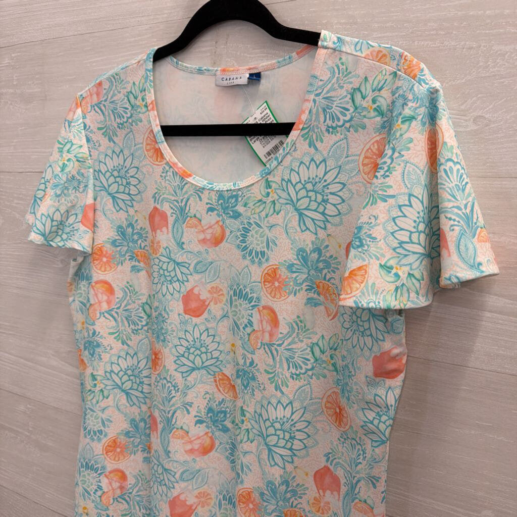 Cabana White/ Blue/ Orange Print Short Sleeve Dress Large