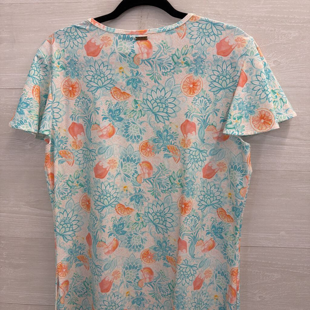Cabana White/ Blue/ Orange Print Short Sleeve Dress Large