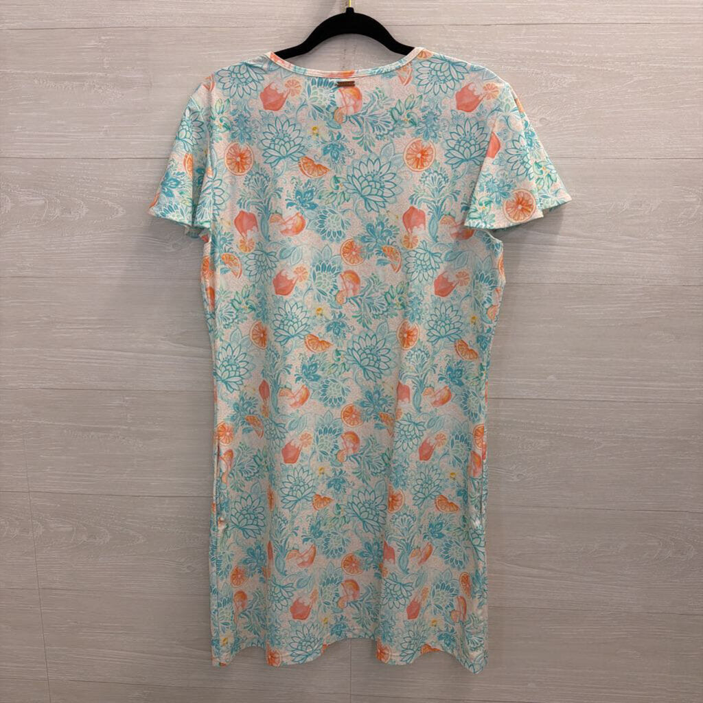 Cabana White/ Blue/ Orange Print Short Sleeve Dress Large