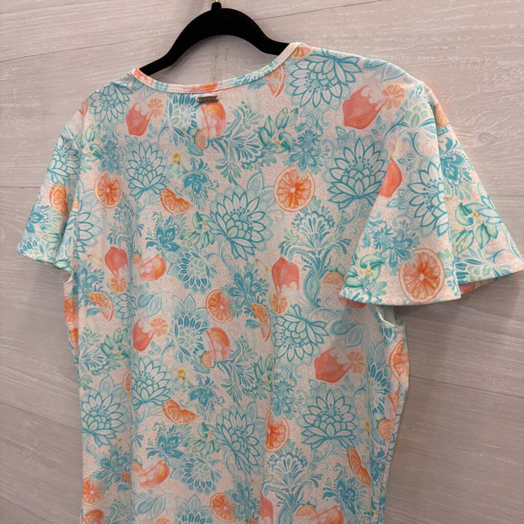 Cabana White/ Blue/ Orange Print Short Sleeve Dress Large